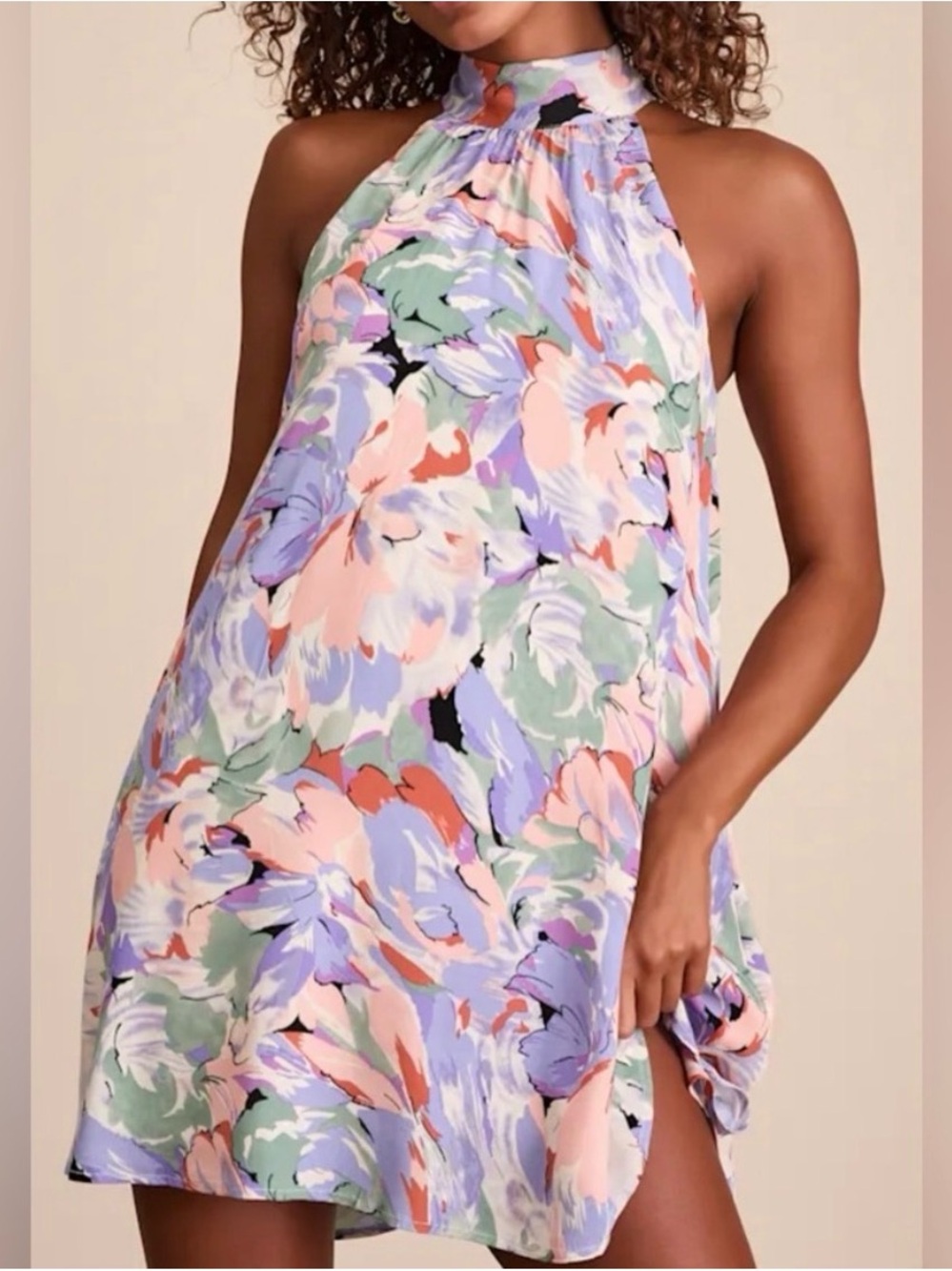 Lulu's Pastel Floral Halter Mini Dress in Pink, Lavender, Mint, Cream